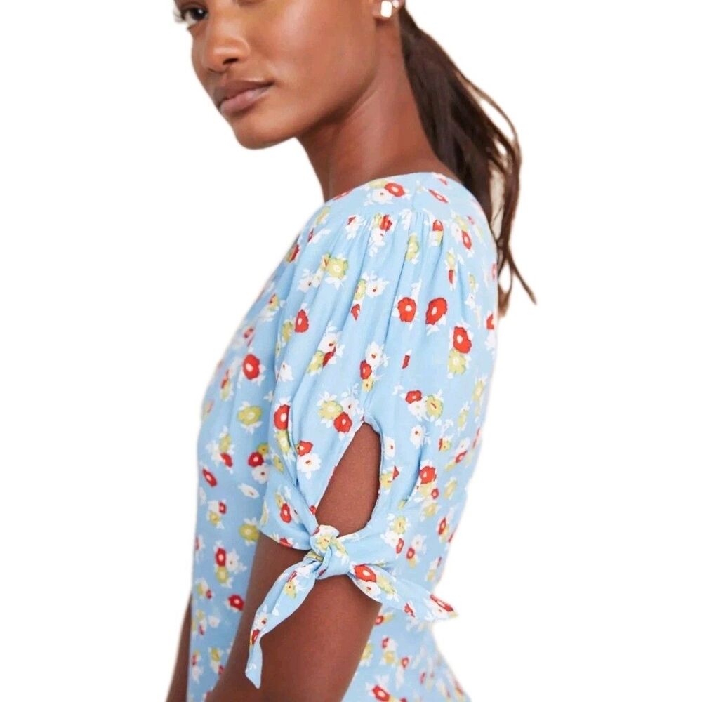 Faithfull the Brand Sky Blue Floral Tie-Sleeve Midi Dress - Picture 3 of 12